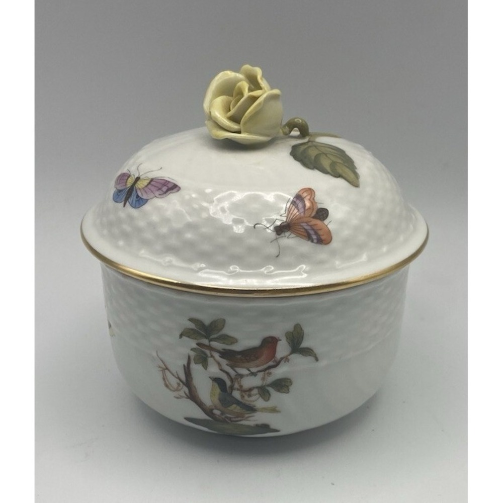 Herend Rothschild Bird Sugar Bowl w/Lid Yellow Rose Butterflies SEE PHOTOS CHIPS